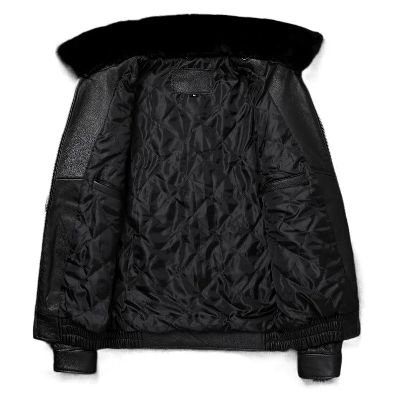 Removable Natural Fur Collar Genuine Cow Leather Jacket