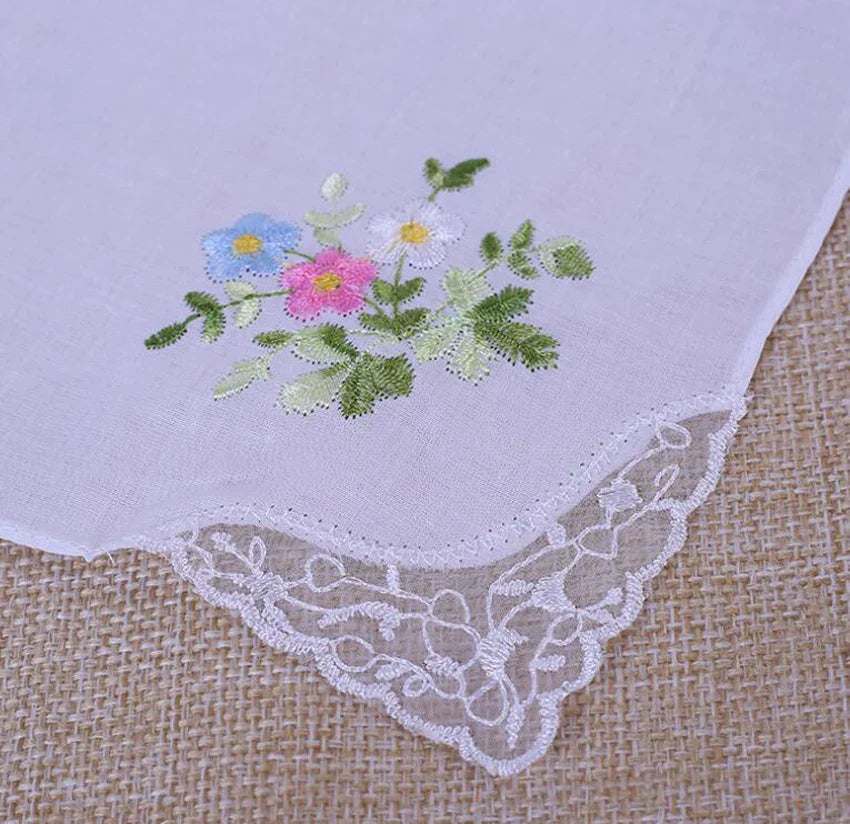 DHL200pcs Handkerchief Cotton Floral Embroidery Lace Edge Square