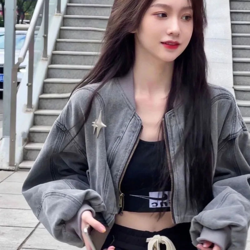 Grey Women Denim Jackets Y2k Cross Crop Hippie