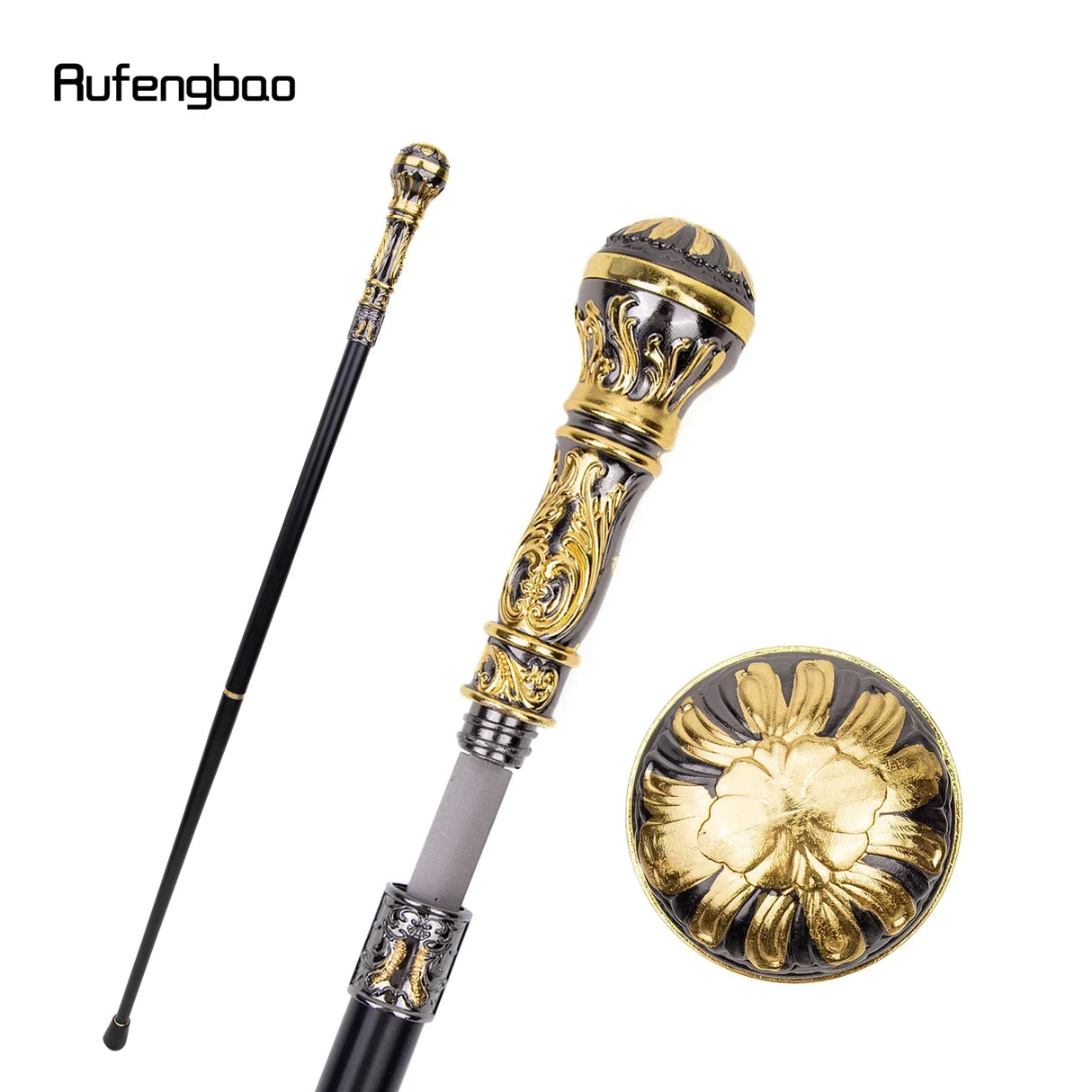 Golden Black Luxury Round Handle Walking Stick with