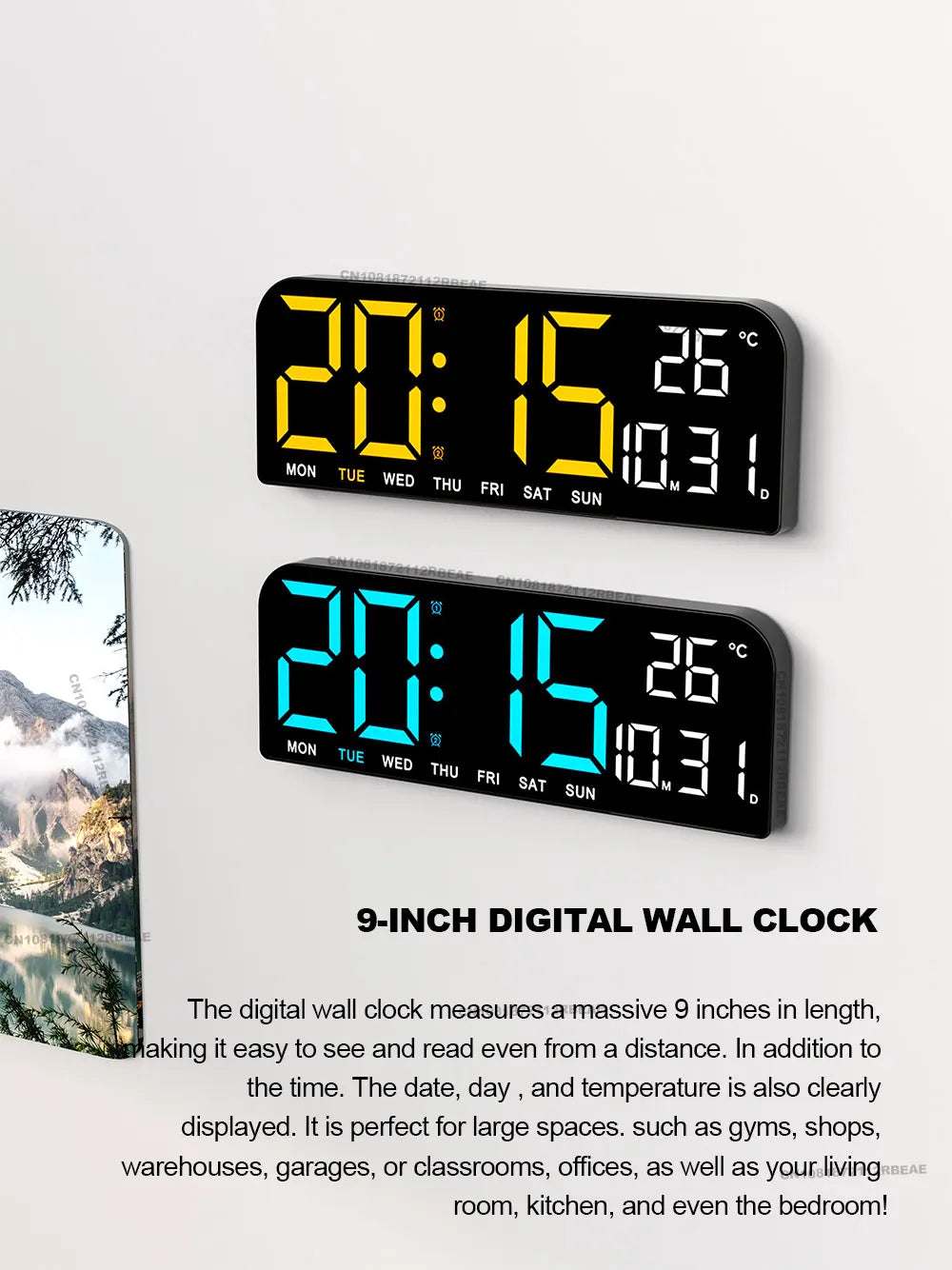 9.0inch Large Digital Wall Clock Temperature and Date