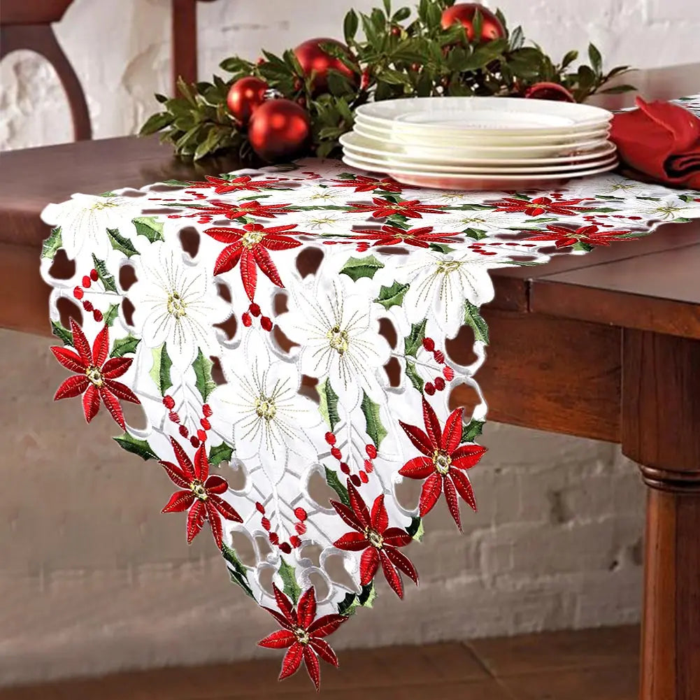 Christmas Table Runner Embroidered Red for Christmas Decorations