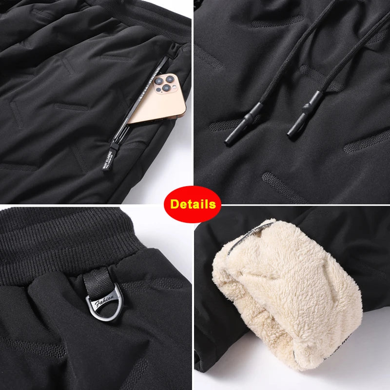 Winter Zip Pockets Thicken Fleece Sweatpants Men Jogger