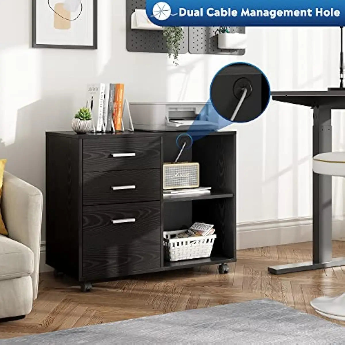 3-Drawer Wood File Cabinet, Mobile Lateral Filing Cabinet,