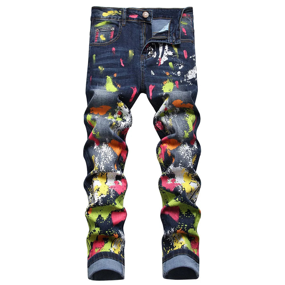 Men's Painted Stretch Denim Jeans Streetwear Colored Slim