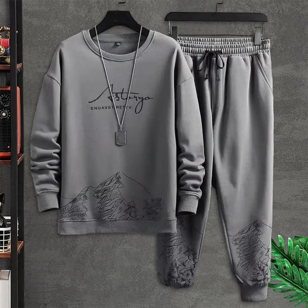Pockets Jogging Suit Men's Mountain Print Casual Tracksuit