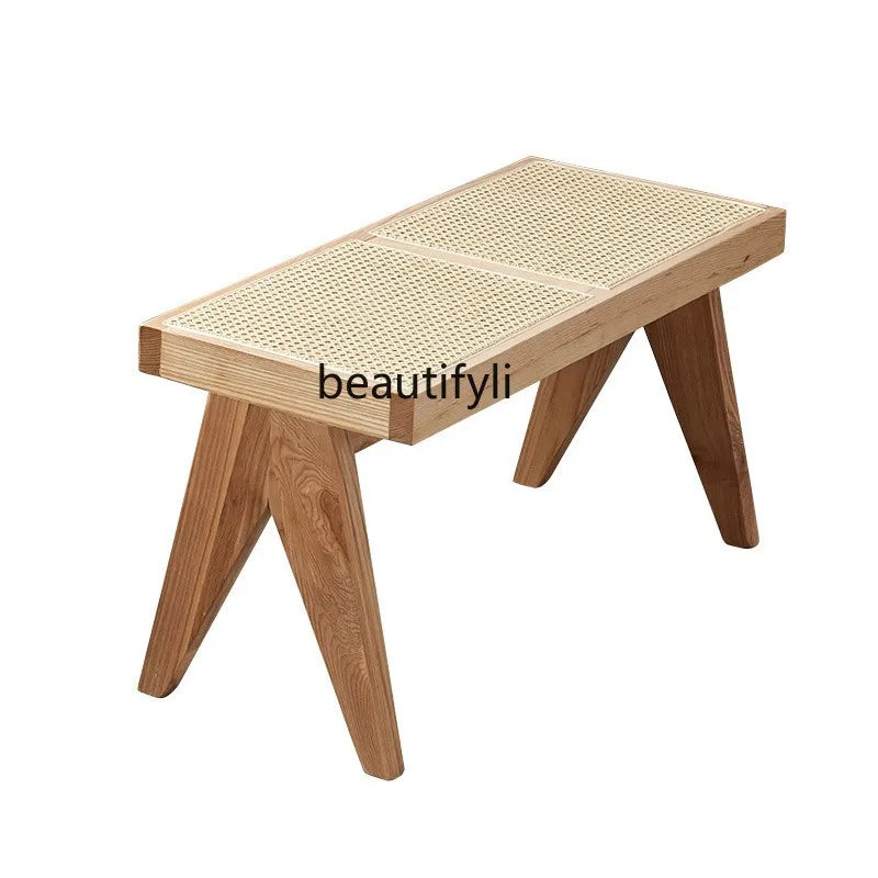 Solid Wood Rattan Home Shoe Changing Stool Modern