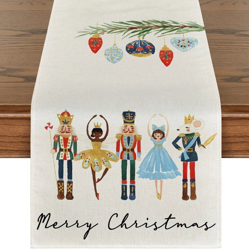 Linen Christmas Table Runner Snowman Xmas Tree Home