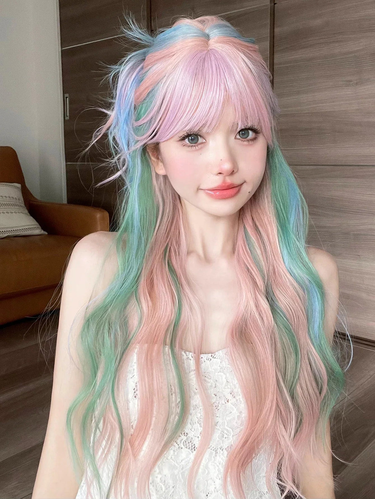 28Inch Iridescent Rainbow Color Multicolour Synthetic Wigs With