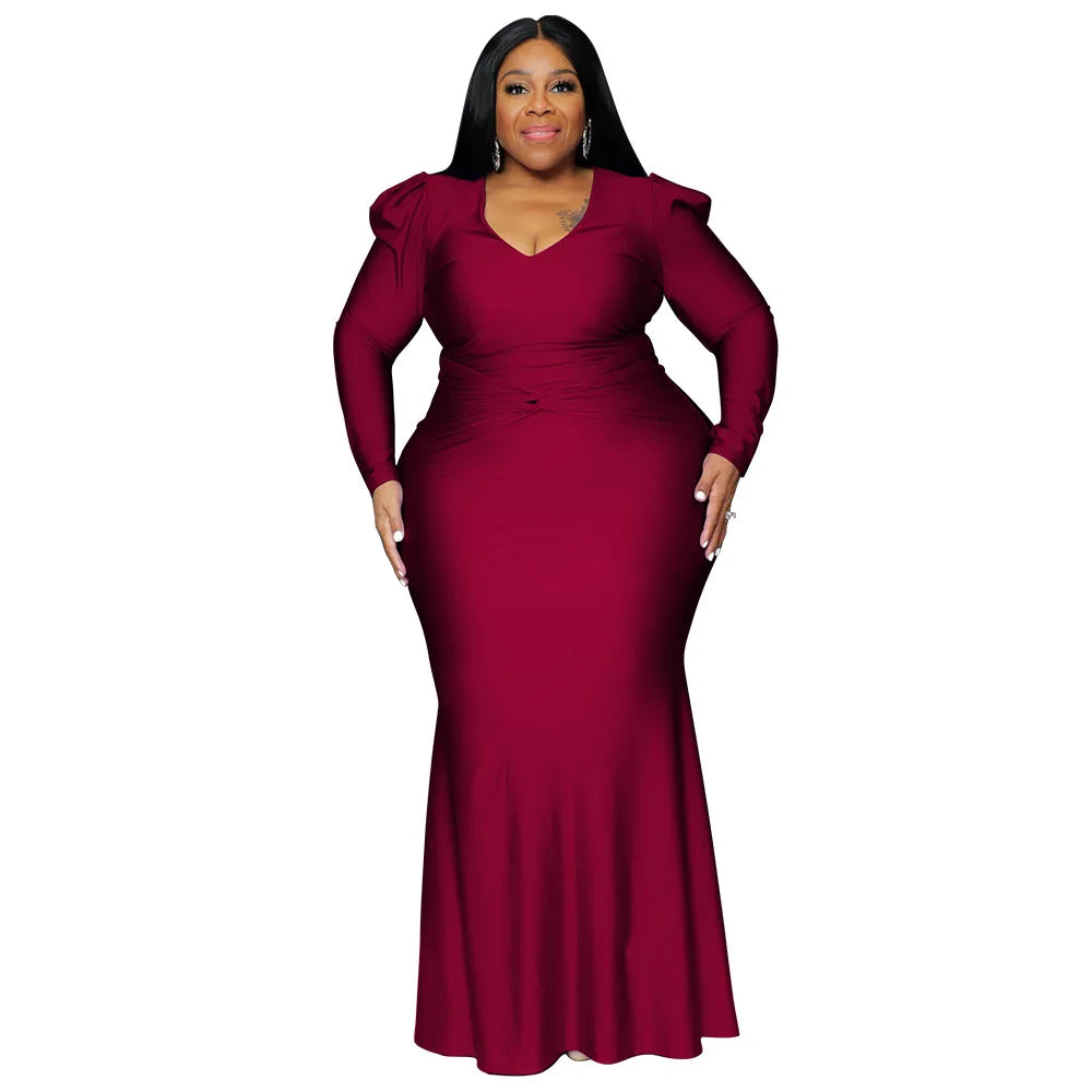 Solid Color Elegant Evening Dress Long Sleeve Plus
