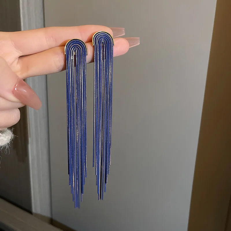 Long Retro Blue Flower Feather Tassel Dangle Earrings