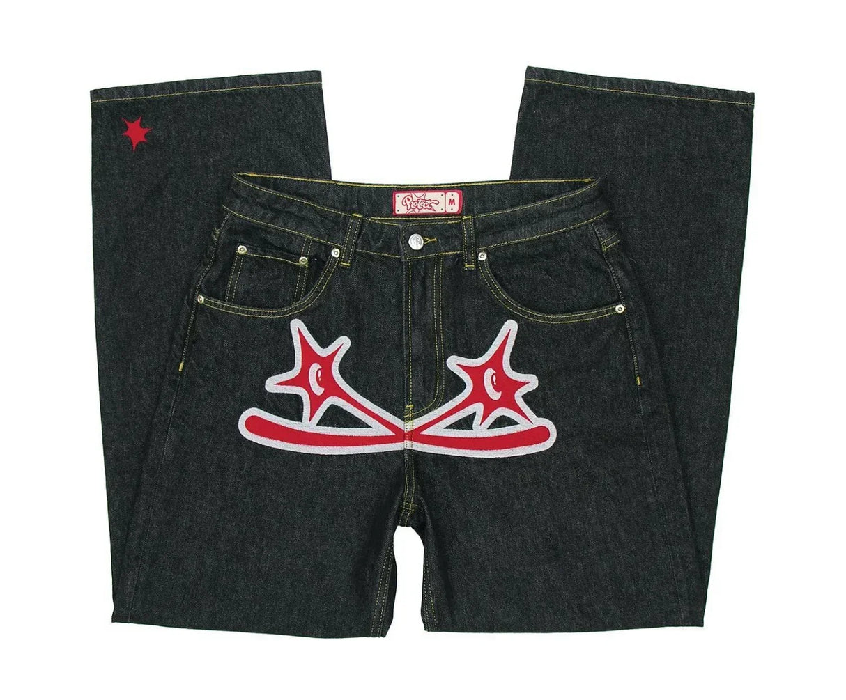 Vintage Gear Patch Punk Jeans High Street Spiderweb