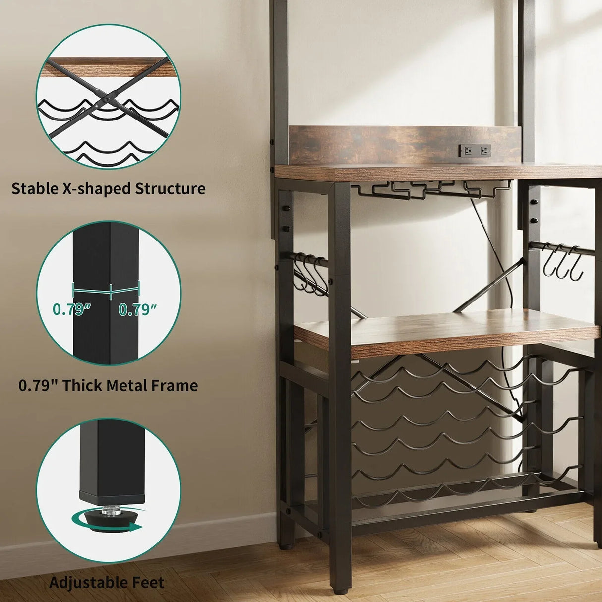 Kitchen Island with Storage, Bakers Rack with Power