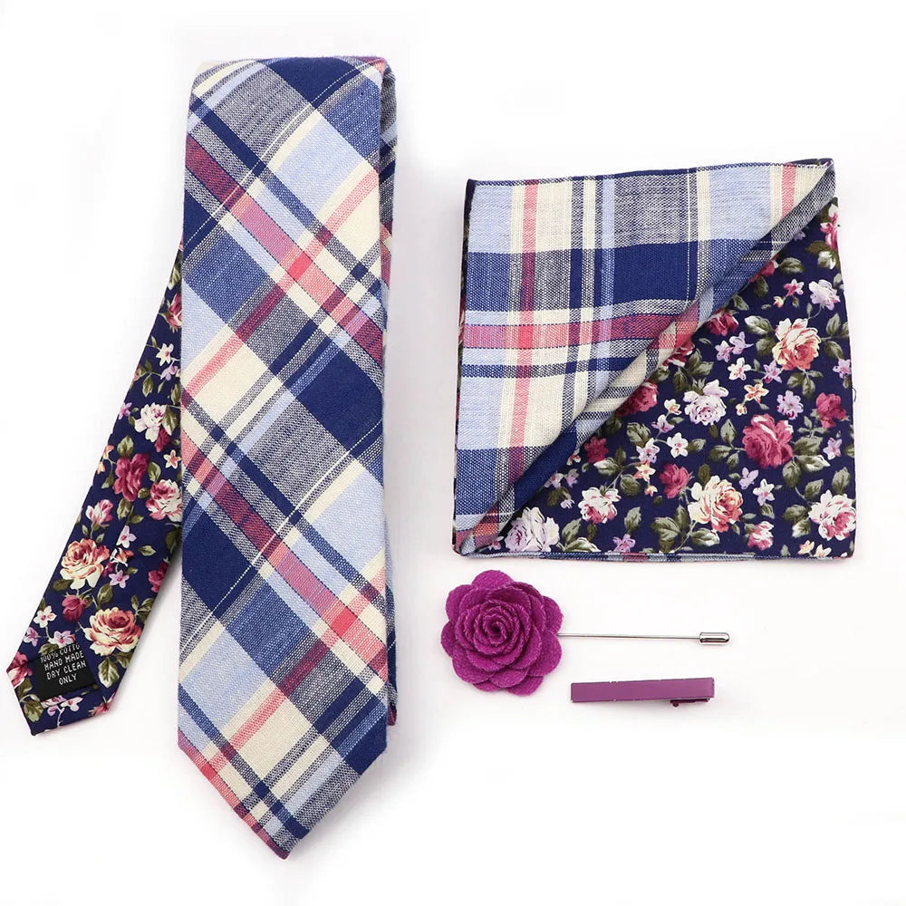 Two Side Floral Plaid Cotton Patchwork Tie Set