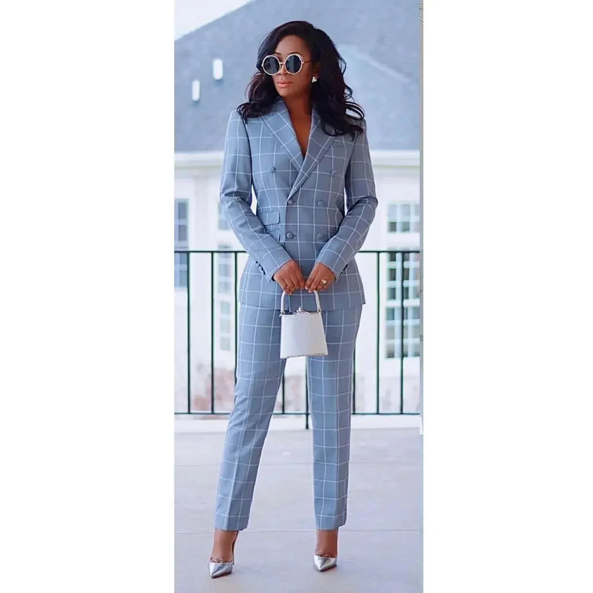 Blue Suits for Couple Plaid Pattern Double Breasted