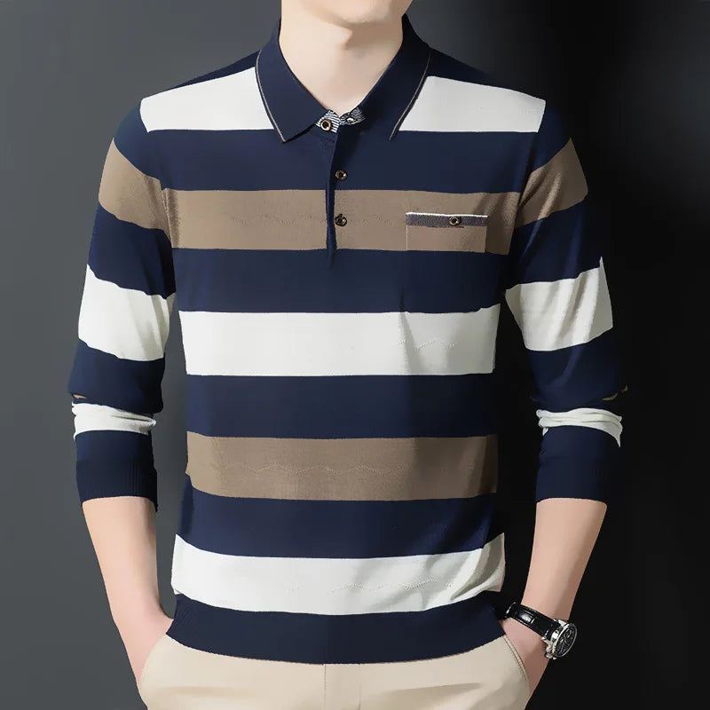 Autumn Winter Polo New Men's Clothing Loose Striped