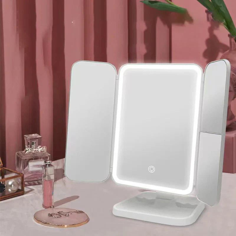 Trifold Makeup Mirror LED Lights Dorm Dressing Mirror
