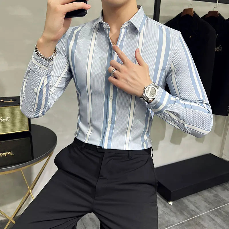 British Style Autumn New Striped Shirts Mens Long