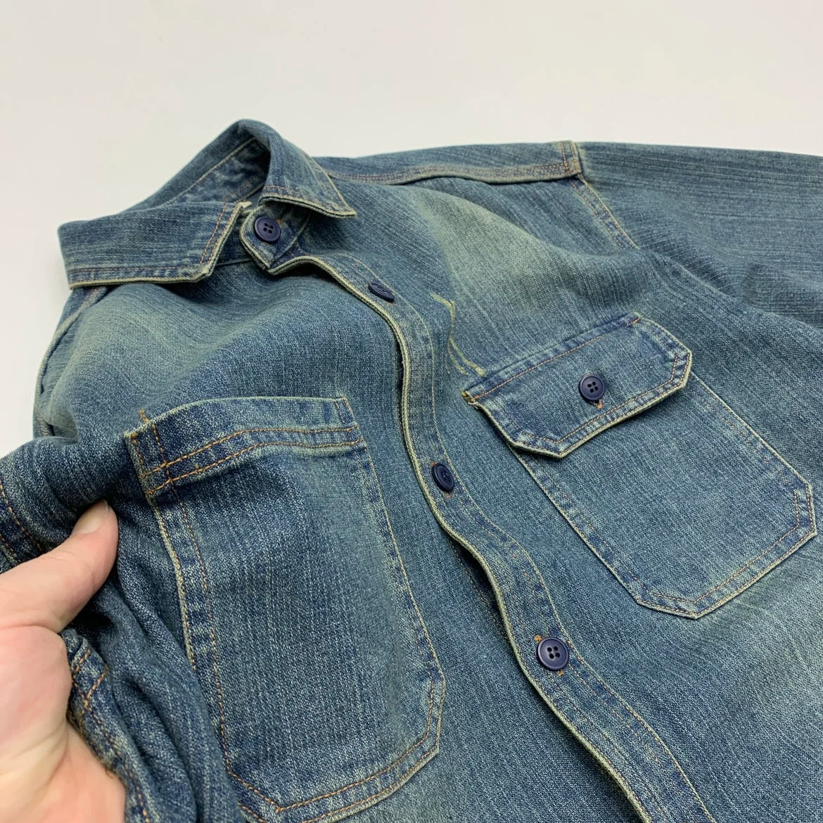 Retro Heavyweight Thick Cotton Denim Men's Shirts Patch