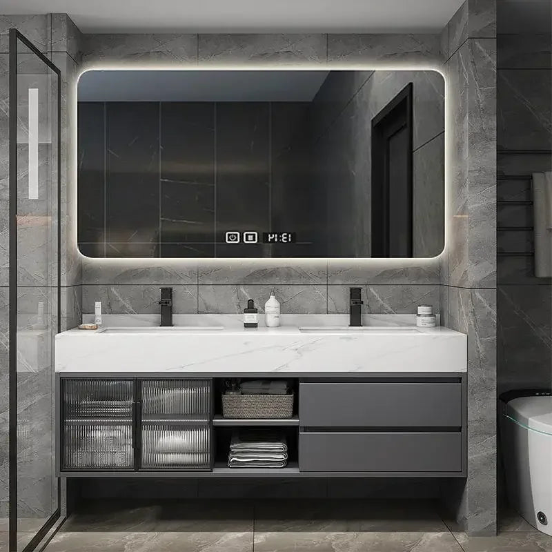 Luxury Bathroom Mirror Cabinet Double Basin Slate Integrated