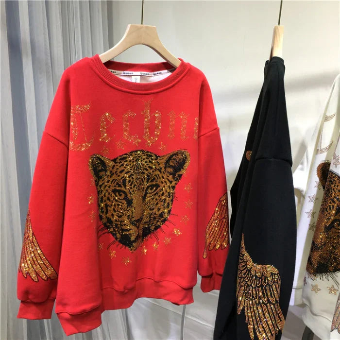 Plus Size Women Clothing Rhinestones Zip Up Hoodies