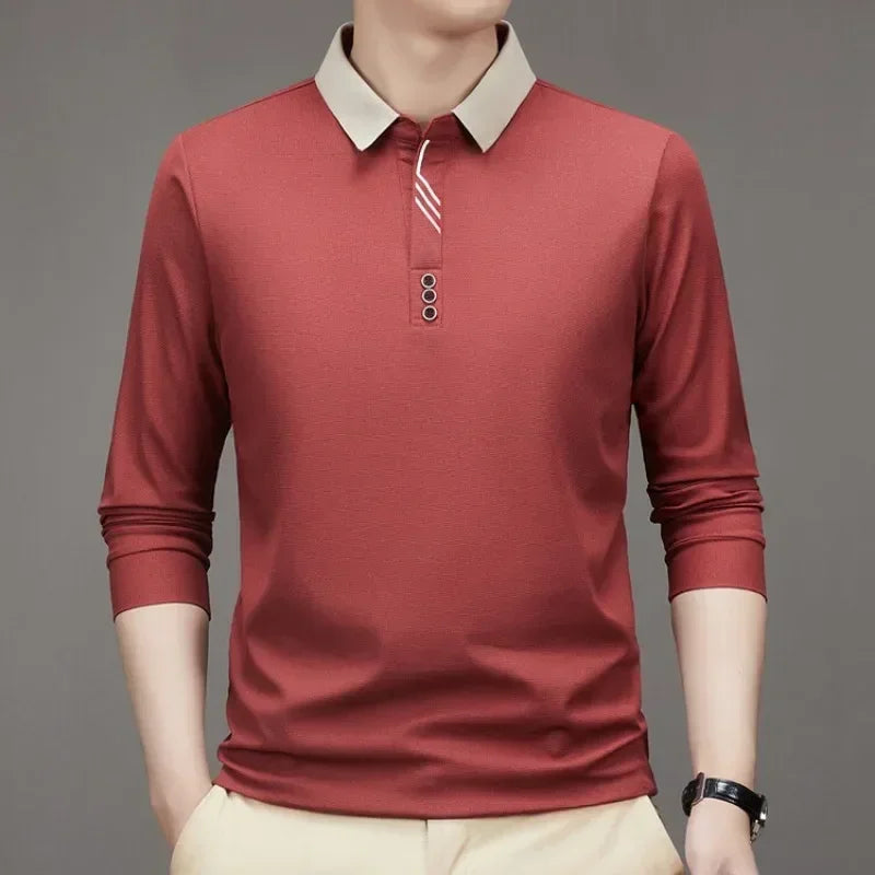 Men's Long Sleeve Turn-down Collar Waffle T-shirt Business