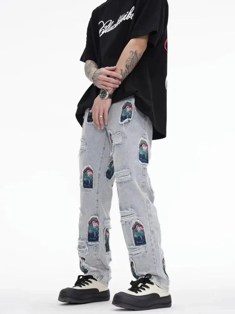 Chinese Painting Embroidered Patch Denim Ripped Jeans