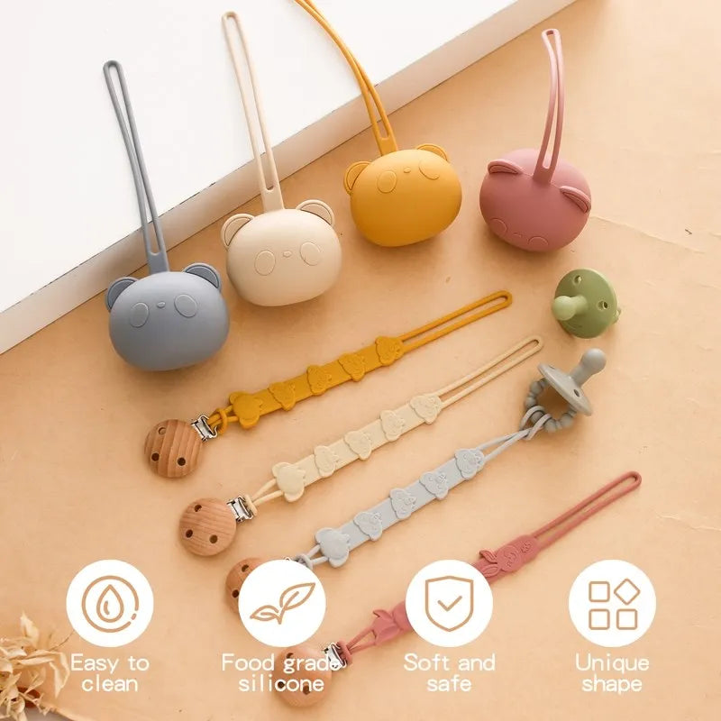 Baby Silicone Pacifier Holder Set BPA Free Food Grade Silicone Infant Travel Portable Storage Box Silicone Chain Nipple Set