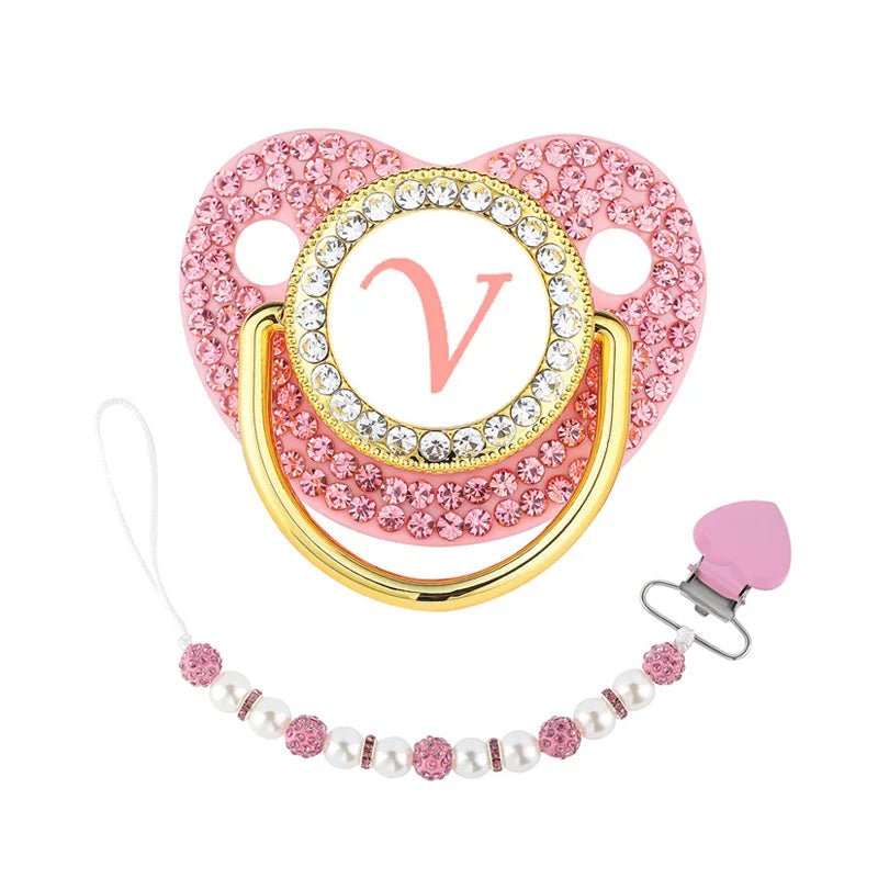 Pink Newborn Pacifier Clip Chain 26 Letters Baby