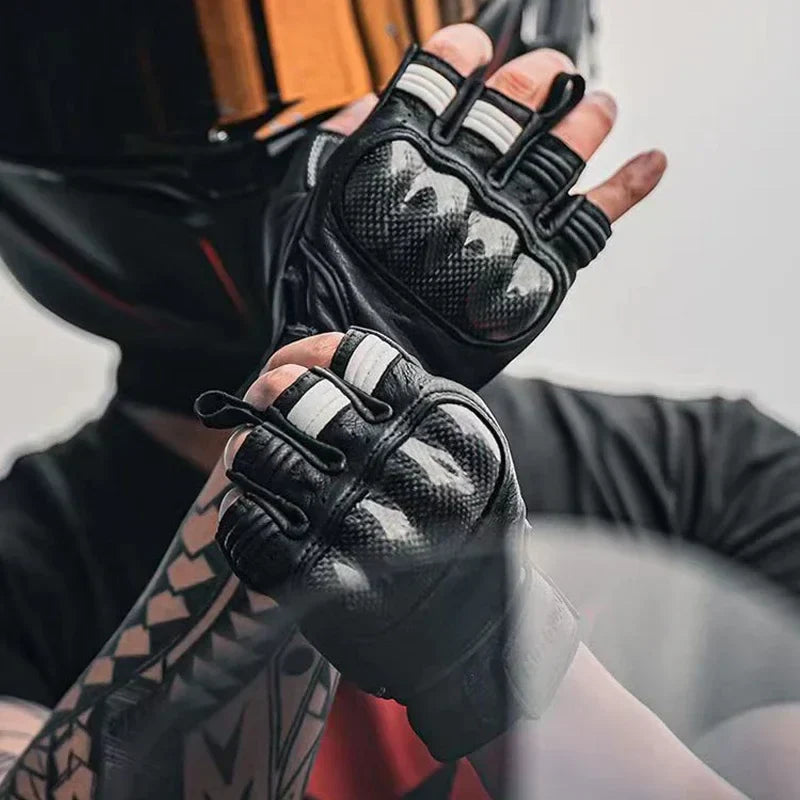 Half Finger Leather Motorcycle Gloves Hard Knuckle Carbon Fibre Protector Riding MTB Racing Riding Leather Gloves for Men Women