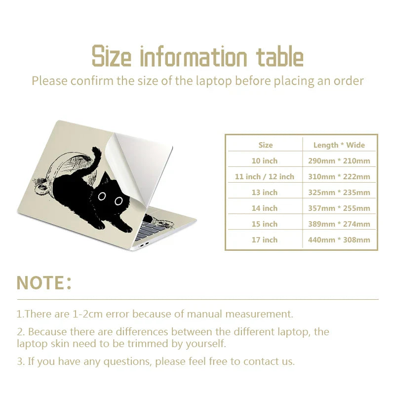 Laptop Skins Stickers Cat Cover Vinly Skin 13.3"15.6"17"Cartoon