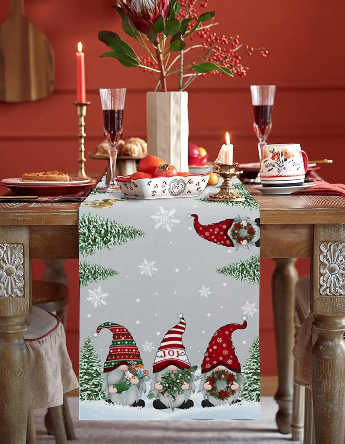 Christmas Snow Tree Gnomes Linen Table Runners Dresser