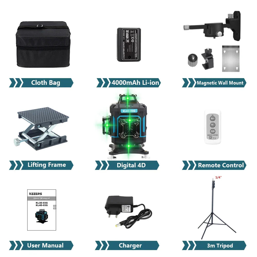 KEZERS 16 Lines 4D Display Green Laser Level