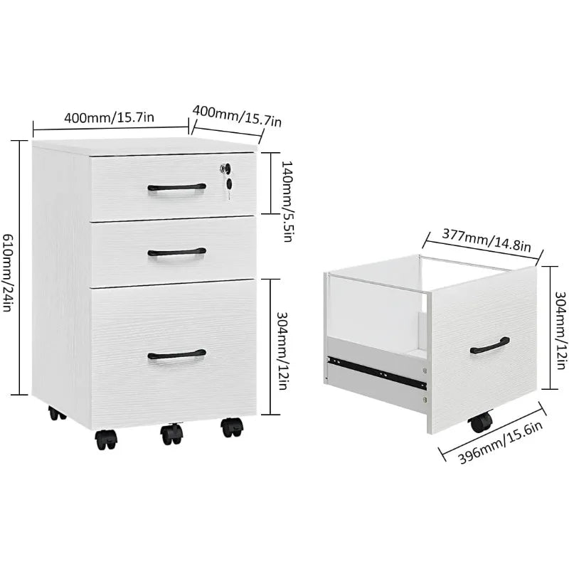 Panana 3 Drawer Wood Mobile File Cabinet, Under