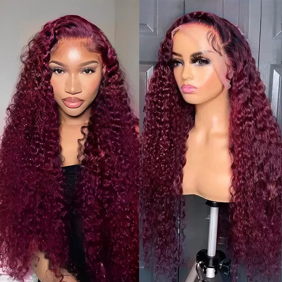 13x4 Transparent Deep Wave Lace Frontal Wig Burgundy