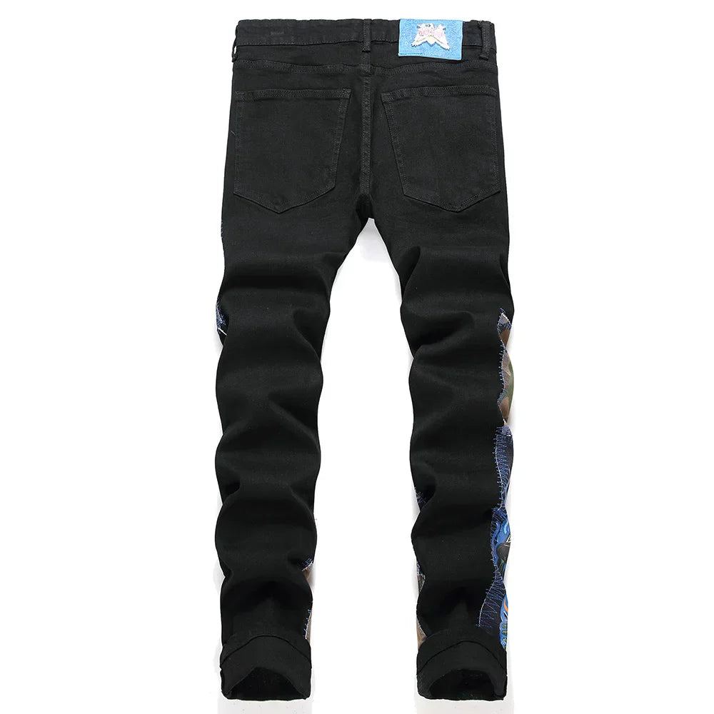 Men Camouflage Patches Stretch Denim Jeans Punk Black