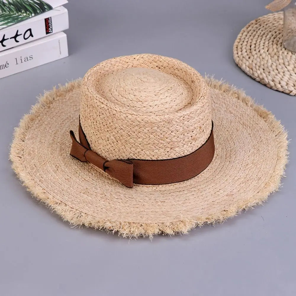 Wide Brim Sun Hats Fashion Flat Top Bowknot