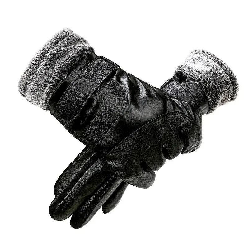 Leather Gloves Men's Winter Fleece Thickened Warm Touch
