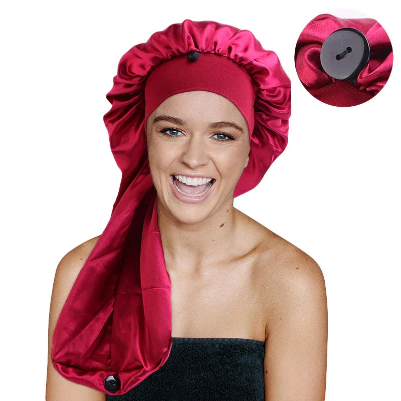 Satin Long Nightcap Wide Edge Adjustable Bonnet Women