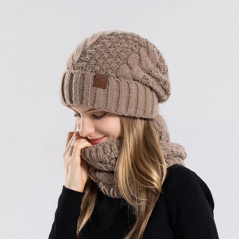 Women Fashion Winter Knitted Hat Scarf Set Fleece