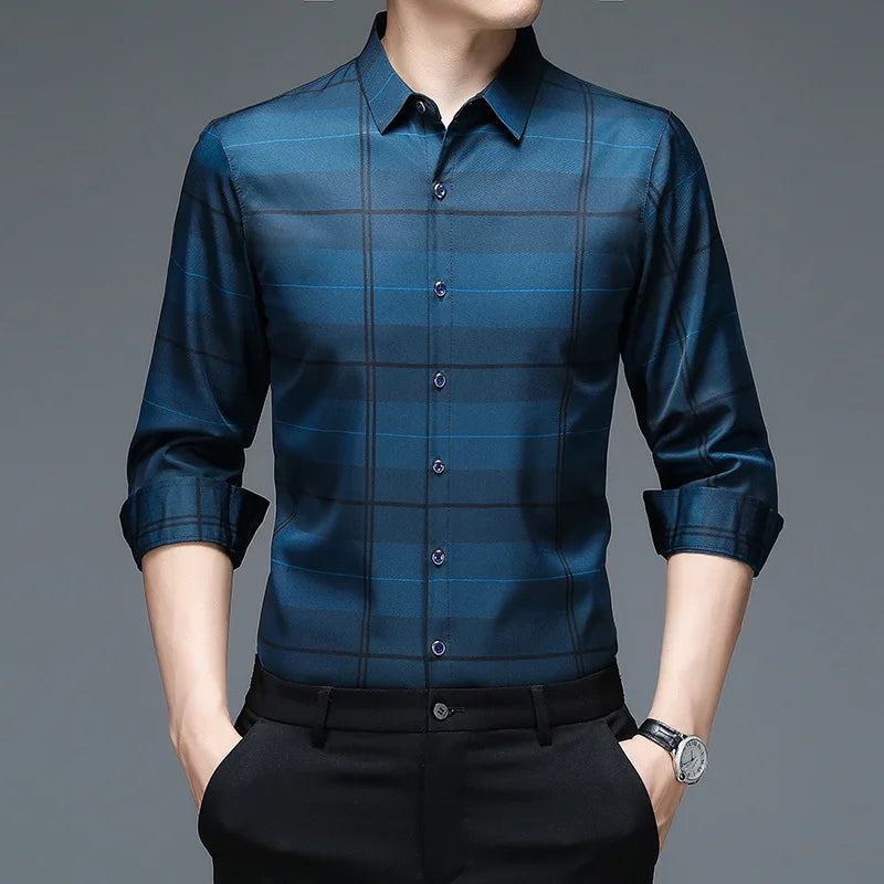Spring Autumn Plaid Polo Shirt Men's Long Sleeve