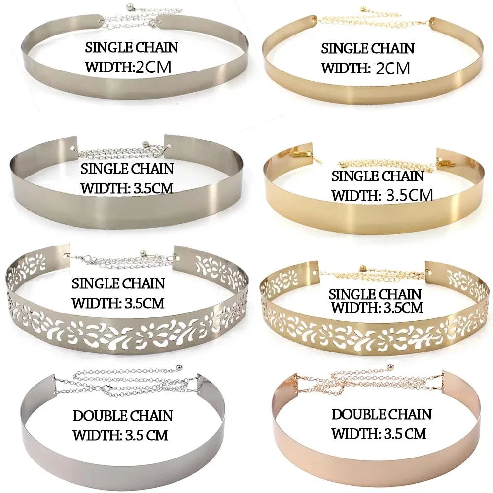 Women Fashion Adjustable Metal Belt Gold Silver Wide