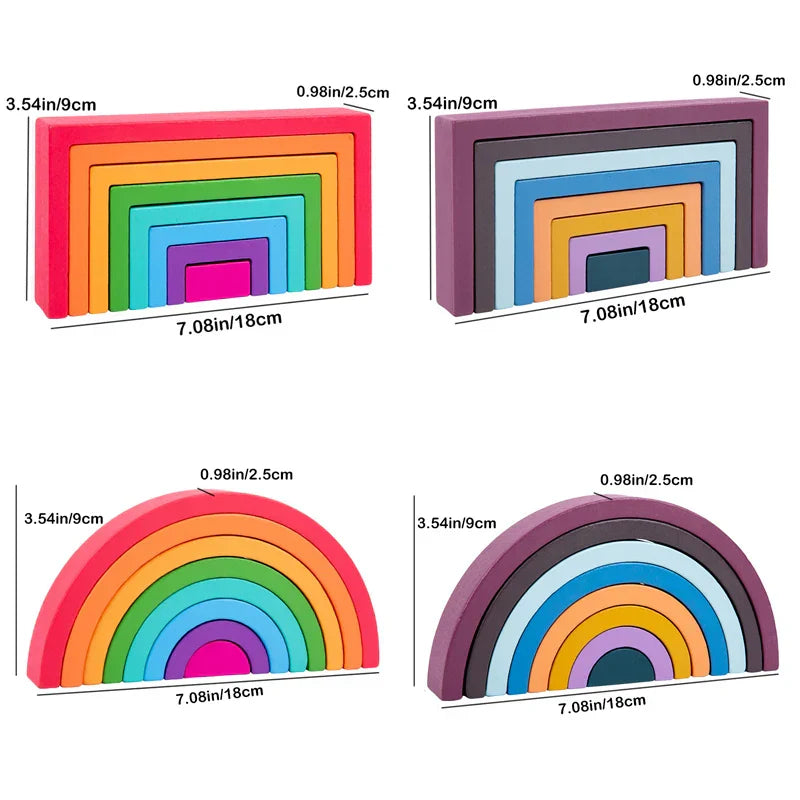 Montessori Wooden Rainbow Stacking Game,Eight Layers Square/Arch Colorful