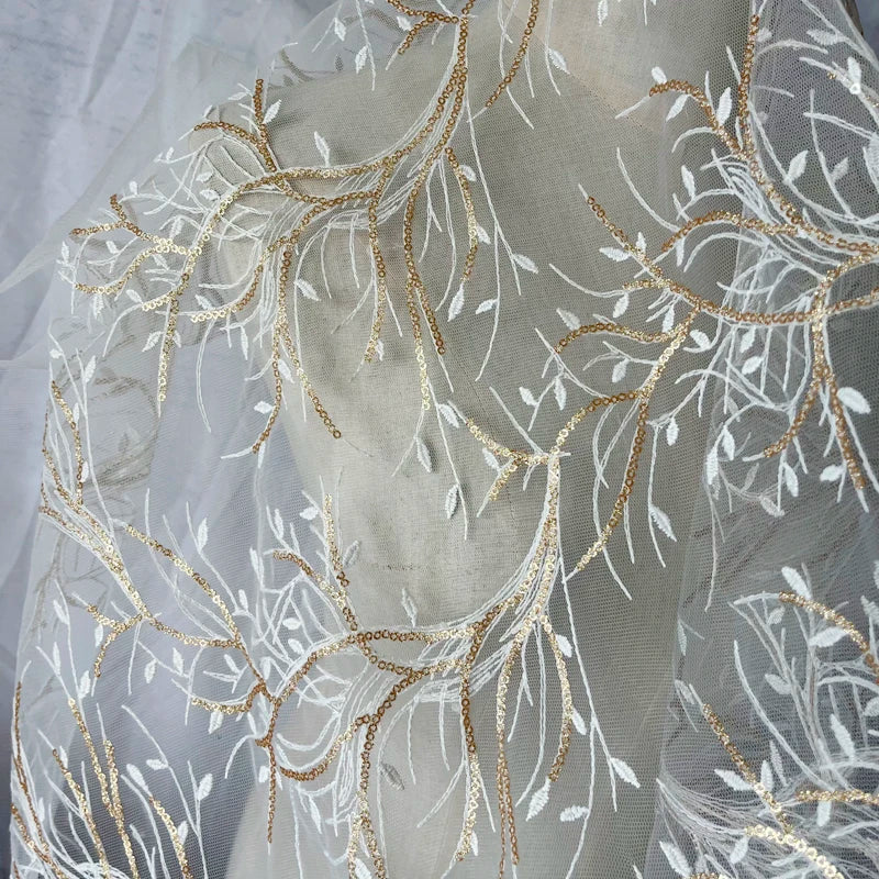 White lace Gold Beaded Embroidery Apparel Fabrics &