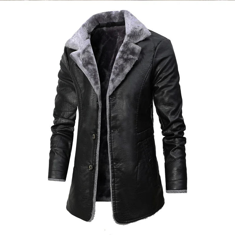Men Winter Long Thick Fleece PU Leather Jacket