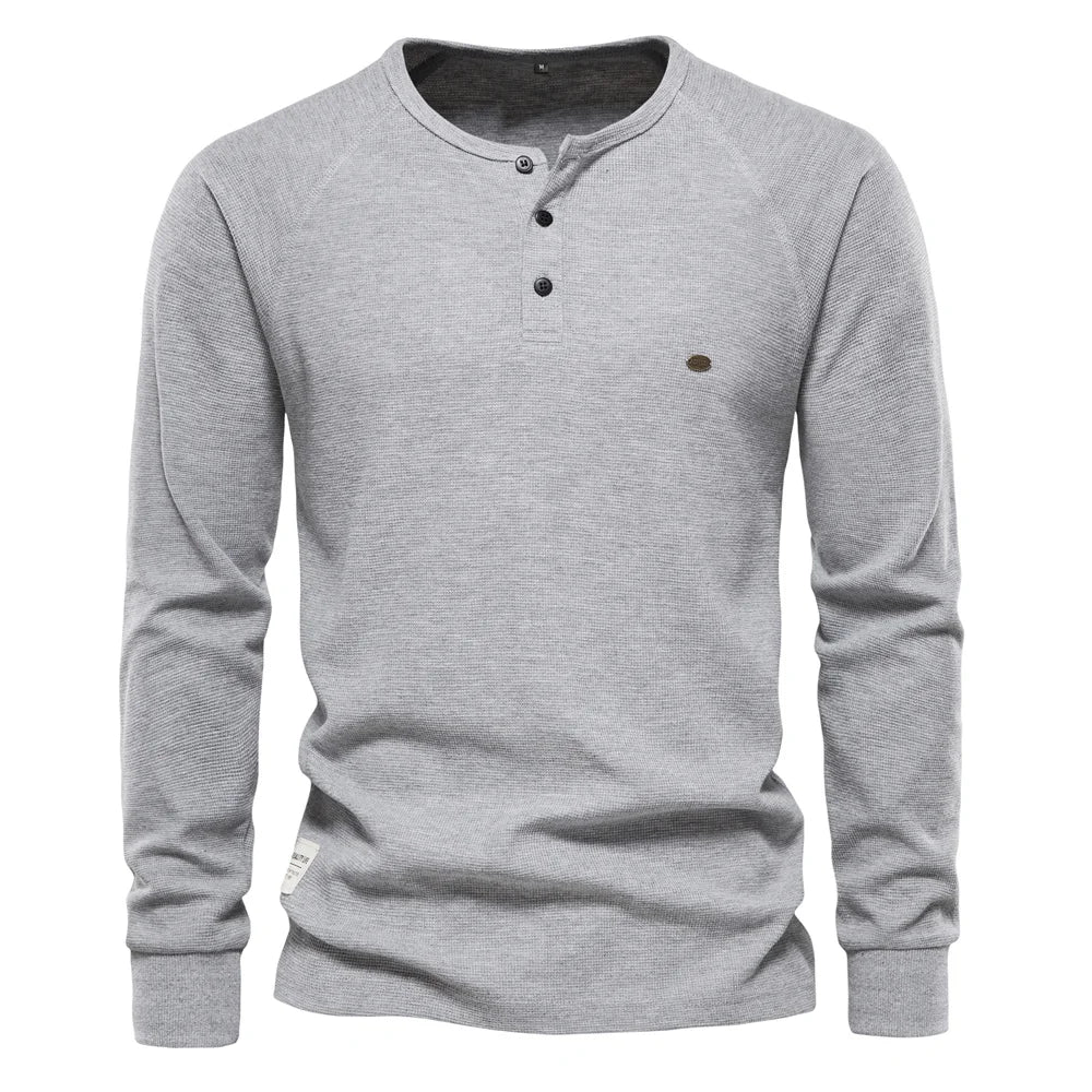 AIOPESON Waffle Henley T-Shirt Men Long Sleeve Basic