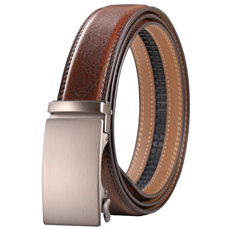 Plyesxale Brown Leather Belt Men 2024 Automatic Buckle