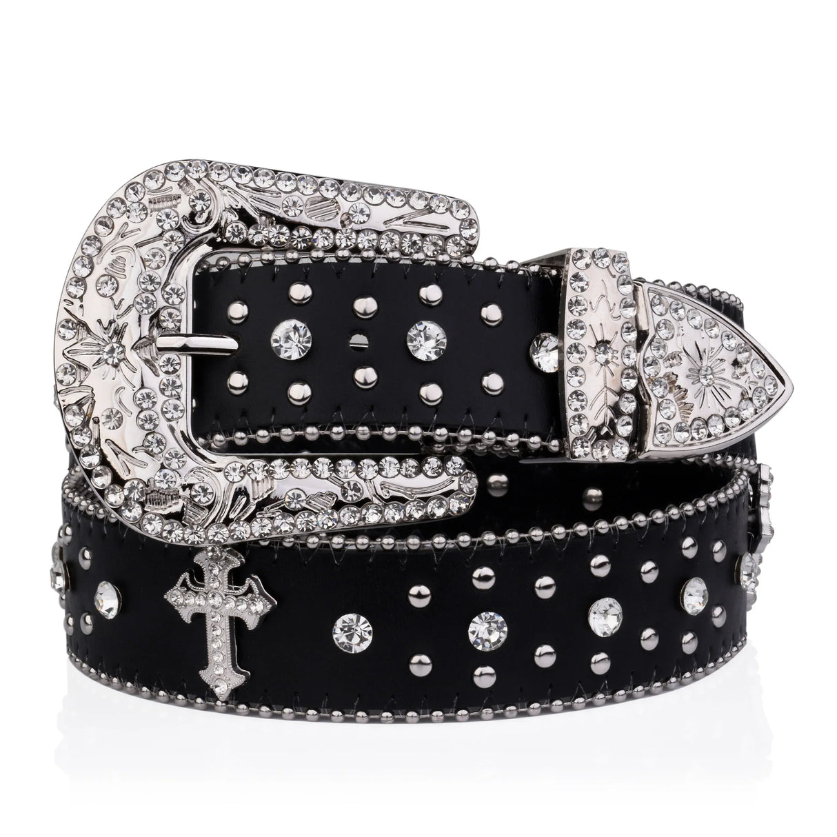 Black Cross Rivet Belt Engraved Buckle Rhinestone Decor