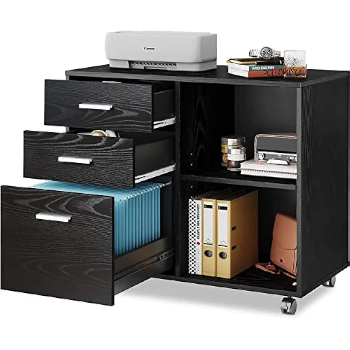 3-Drawer Wood File Cabinet, Mobile Lateral Filing Cabinet,