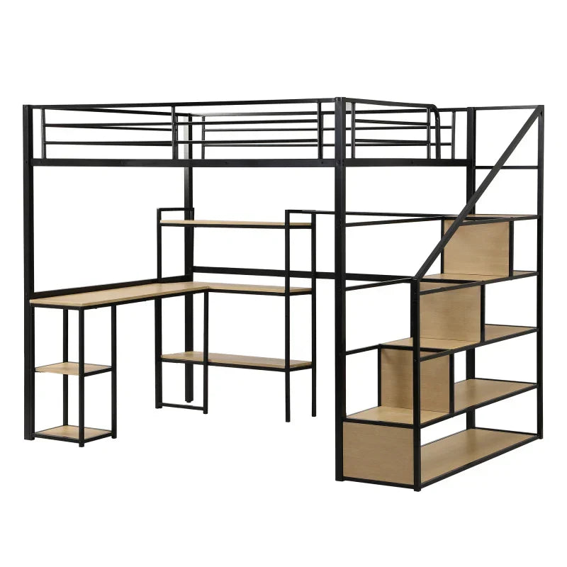 Full Size Metal Loft bed with Staircase, Built-in Desk and Shelves,Bedroom practical single bed for children, bunk bed for teen
